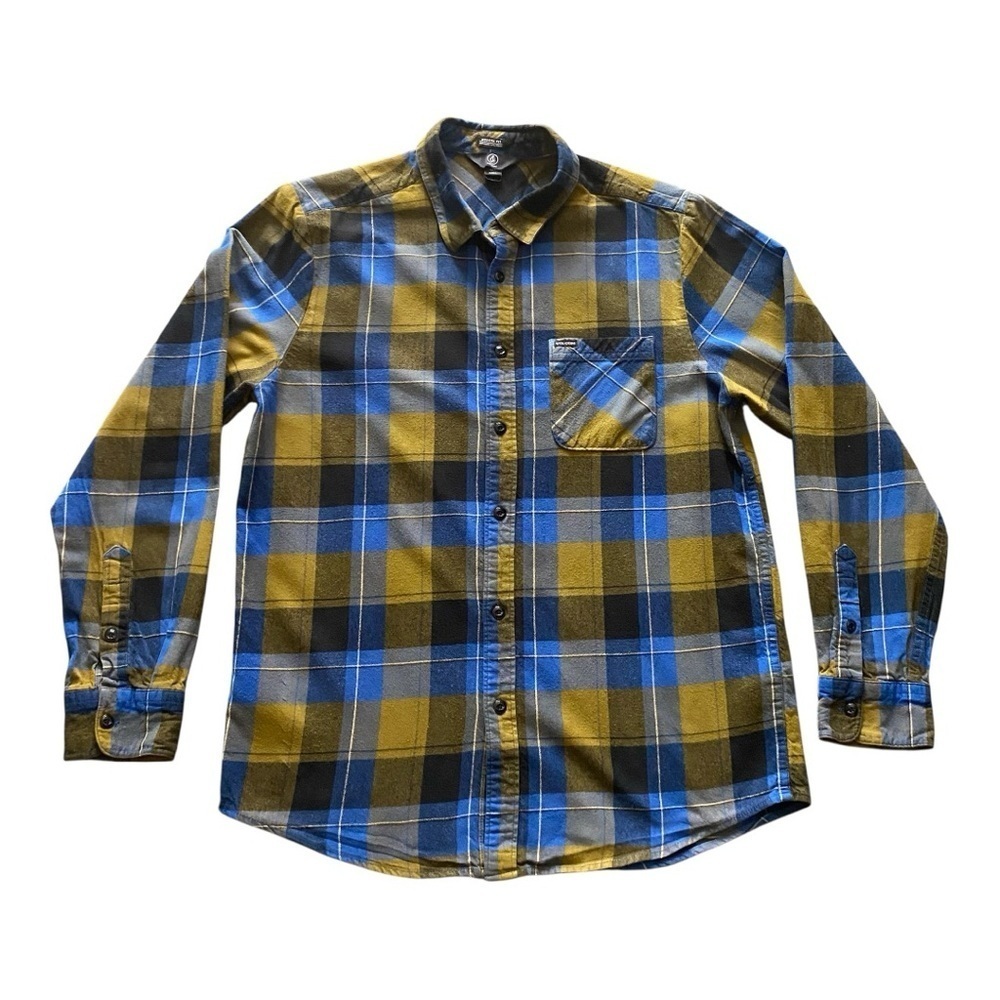 VOLCOM-MENS LARGE-BLUE AND PLAID FLANNEL BUTTON FRONT SHIRT